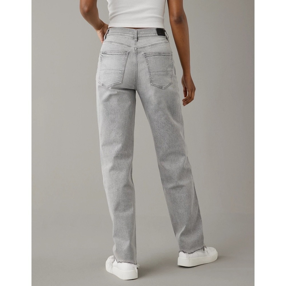 AE Rhinestoned Super High-Waist Baggy-Straight Glacier Gray Raw Hem Strigid Jean - Picture 2 of 16